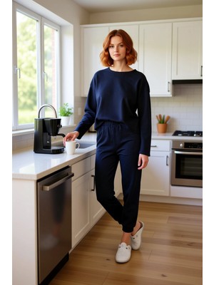 FRM Kadın Füme Waffle Örme Ev Giyim Takımı Bisiklet Yaka Düşük Kol Fonksiyonel Dayanıklı Rahat