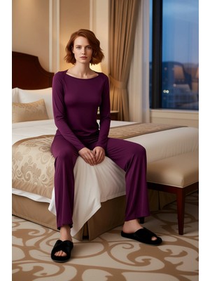 Ersefa Kadın Mürdüm Viskoz Elastan Pijama Takımı Kayık Yaka Regular Kesim Fonksiyonel Dayanıklı Şık