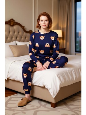 Ersefa Kadın Ayıcık Desenli Pijama Takımı Bisiklet Yaka Uzun Kollu Fonksiyonel Dayanıklı Kaliteli