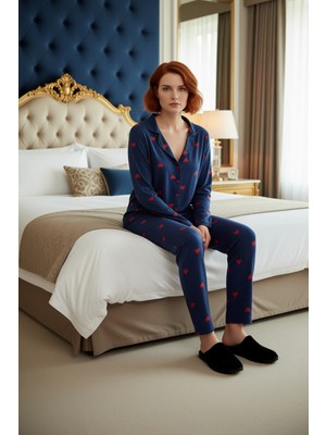 Ersefa Kadın Gömlek Yaka Kalpli Pijama Takımı Fonksiyonel Dayanıklı Kaliteli Konforlu Estetik Şık