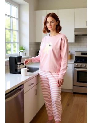 FRM Kadın Ayıcıklı Çizgili Pijama Takımı Fonksiyonel Dayanıklı Kaliteli Konforlu Estetik Rahat