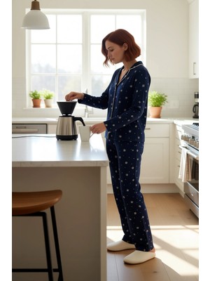 FRM Kadın Kışlık Baskılı Pijama Takımı Gömlek Yaka Fonksiyonel Dayanıklı Kaliteli Konforlu Şık