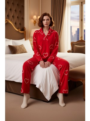 Ersefa Kadin Kirmizi Polar Pijama Takımı Kalp Desenli Fonksiyonel Dayanıklı Kaliteli Konforlu Şık