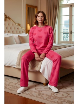 Ersefa Kadın Kalp Baskılı Uzun Kollu Pijama Takımı Fonksiyonel Dayanıklı Kaliteli Konforlu Modern