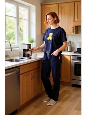 FRM Kadin Ayicik Baskılı Genis Paça Pijama Takımı Fonksiyonel Dayanıklı Kaliteli Konforlu Spor