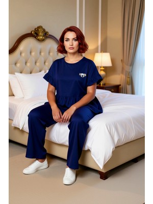 Ersefa Kadın Bisiklet Yaka Nakışlı Volanlı Pijama Takımı Fonksiyonel Dayanıklı Kaliteli Konforlu Şık