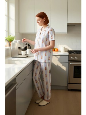 FRM Kadın Yıldız Desenli Melanj Pijama Takımı Gömlek Yaka Fonksiyonel Dayanıklı Kaliteli Rahat