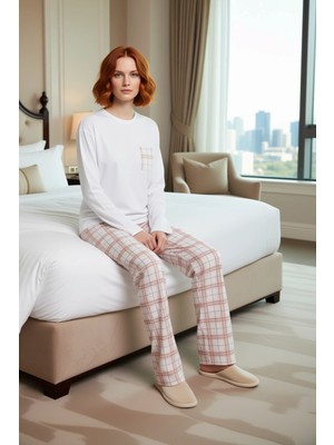 Ersefa Kadın Çok Renkli Ekose Pijama Takımı Uzun Kollu Bisiklet Yaka Fonksiyonel Dayanıklı Modern