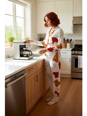 FRM Kadın Ayıcık Baskılı Pijama Takımı Gömlek ve Pantolon Fonksiyonel Dayanıklı Kaliteli Rahat