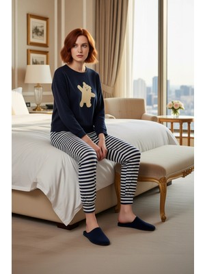 Ersefa Kadın Ayıcık Baskılı Çizgili Pijama Takımı Fonksiyonel Dayanıklı Kaliteli Konforlu Estetik