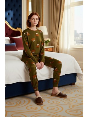 Ersefa Kadın Ayıcık Desenli Pijama Takımı Bisiklet Yaka Uzun Kollu Fonksiyonel Dayanıklı Kaliteli