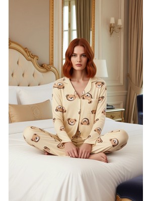 Ersefa Kadın Ayıcık Baskılı Gömlek ve Pantolon Pijama Seti Fonksiyonel Dayanıklı Kaliteli Estetik
