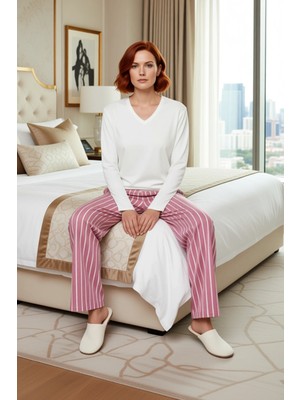 Ersefa Kadın V Yaka Uzun Kollu Çizgili Polar Pijama Takımı Fonksiyonel Dayanıklı Kaliteli Estetik