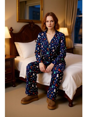 Ersefa Kadın Kış Temalı Baskılı Pijama Takımı Gömlek ve Pantolon Fonksiyonel Dayanıklı Kaliteli Şık