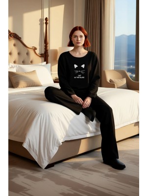 Ersefa Kedi Desenli Pamuklu Ev Giyim Seti Bayan Fonksiyonel Dayanıklı Kaliteli Konforlu Estetik Şık