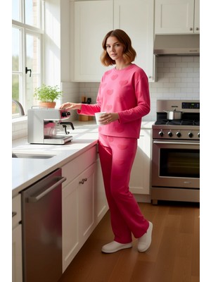 FRM Kadın Lila Kalp Motifli Pijama Takımı Bisiklet Yaka Fonksiyonel Dayanıklı Kaliteli Estetik