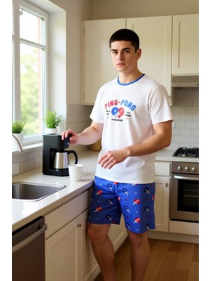 FRM Erkek Ping Pong Baskılı Bisiklet Yaka Pijama Takımı Fonksiyonel Dayanıklı Kaliteli Estetik