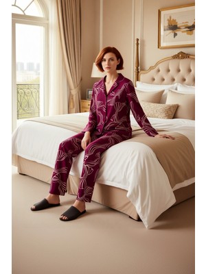 Ersefa Kadın Viskon Hayvan Desenli Pijama Takımı Gömlek Yaka Fonksiyonel Dayanıklı Kaliteli Rahat