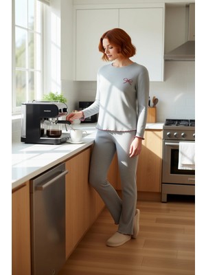 FRM Kadın Melanj Nakışlı Bisiklet Yaka Pijama Takımı Fonksiyonel Dayanıklı Kaliteli Konforlu Şık