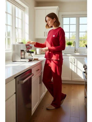 FRM Kadın Melanj Nakışlı Bisiklet Yaka Pijama Takımı Fonksiyonel Dayanıklı Kaliteli Konforlu Şık