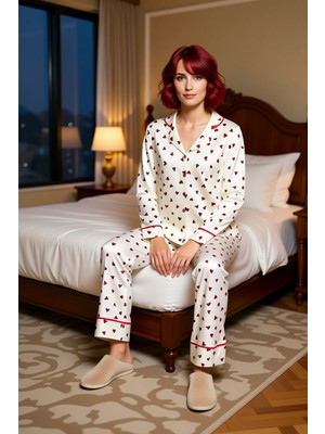 Ersefa Kadın Kalpli Pijama Takımı Gömlek Pantolon Fonksiyonel Dayanıklı Kaliteli Konforlu Estetik