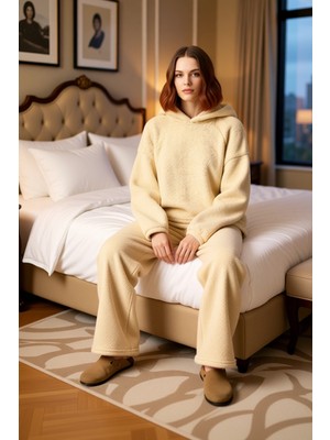 Ersefa Kadın Kapüşonlu Peluş Pijama Takımı Fonksiyonel Dayanıklı Kaliteli Konforlu Estetik Modern