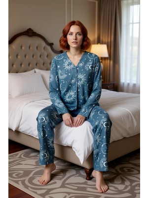 Ersefa Kadın Uzun Kollu Galaksi Desenli Pijama Takımı Fonksiyonel Dayanıklı Kaliteli Konforlu Şık