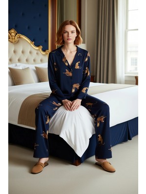 Ersefa Viskon Dokuma Kaplan Baskılı Gömlek ve Pantolon Pijama Seti Fonksiyonel Dayanıklı Kaliteli