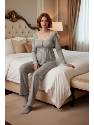 Ersefa Kadın Melanj Uzun Kollu Pijama Takımı Kare Yaka Fonksiyonel Dayanıklı Kaliteli Konforlu Şık
