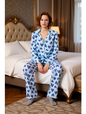 Ersefa Kadın Kalpli Baskılı Gömlek Yaka Pijama Takımı Fonksiyonel Dayanıklı Kaliteli Konforlu Şık