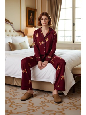 Ersefa Kadın Ayıcık Desenli Pijama Takımı Gömlek Yaka Uzun Fonksiyonel Dayanıklı Kaliteli Estetik