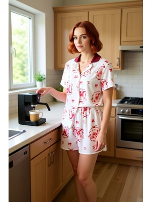 FRM Kadın Viskon Ayıcık Baskılı Gömlek Şort Pijama Takımı Fonksiyonel Dayanıklı Kaliteli Rahat