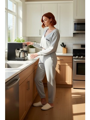 FRM Kadın Açık Nakışlı V Yaka Düşük Kol Pijama Takımı Fonksiyonel Dayanıklı Kaliteli Konforlu Şık