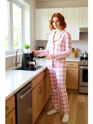 FRM Kadın Kareli Gömlek Yaka Pijama Takımı Fonksiyonel Dayanıklı Kaliteli Konforlu Estetik Şık
