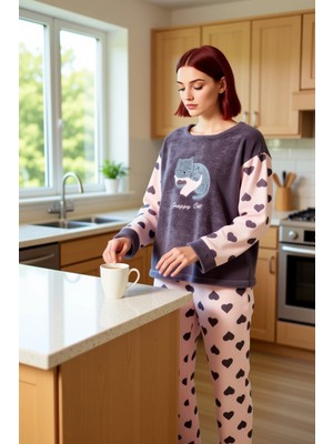 FRM Kadın Polar Kalpli Pijama Takımı Bisiklet Yaka Uzun Kollu Fonksiyonel Dayanıklı Kaliteli Şık