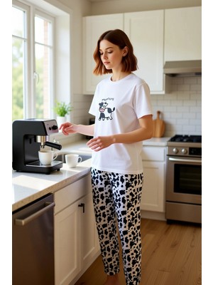 FRM Kadın Sığır Desenli Pamuklu Pijama Takımı Fonksiyonel Dayanıklı Kaliteli Konforlu Estetik Şık