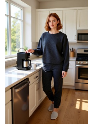 FRM Kadın Füme Waffle Örme Ev Giyim Takımı Bisiklet Yaka Düşük Kol Fonksiyonel Dayanıklı Rahat