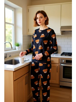 FRM Kadın Ayıcık Desenli Jogger Pijama Takımı Fonksiyonel Dayanıklı Kaliteli Konforlu Estetik Şık