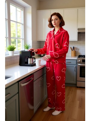 FRM Kadin Kirmizi Polar Pijama Takımı Ev Giyim Fonksiyonel Dayanıklı Kaliteli Konforlu Estetik