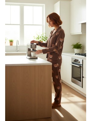FRM Kadın Ayıcık Baskılı Pijama Takımı Gömlek ve Pantolon Fonksiyonel Dayanıklı Kaliteli Rahat