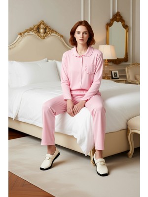 Ersefa Kadın Gömlek Yaka Fırfırlı Cep Viskon Pijama Takımı Fonksiyonel Dayanıklı Kaliteli Estetik
