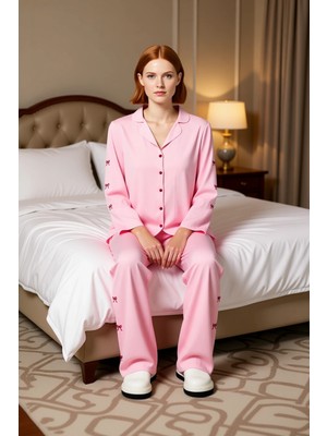 Ersefa Kadın Nakisli Viskon Pijama Gömlek Pantolon Seti Fonksiyonel Dayanıklı Kaliteli Konforlu Şık