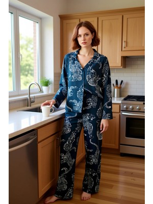 FRM Antrasit Kaplan Desenli Viskon Gömlek Pantolon Pijama Takımı Fonksiyonel Dayanıklı Estetik