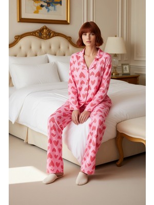 Ersefa Kadın Kalpli Baskılı Gömlek Yaka Pijama Takımı Fonksiyonel Dayanıklı Kaliteli Konforlu Şık