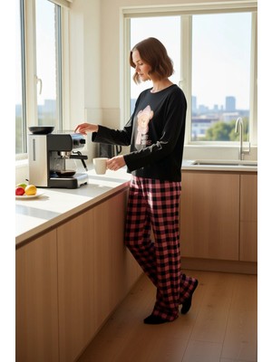 FRM Kadın Ekose Desenli Ayıcık Baskılı Pijama Takımı Fonksiyonel Dayanıklı Kaliteli Konforlu Şık