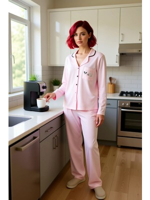 FRM Kadın Baskılı Gömlek Yaka Pijama Takımı Fonksiyonel Dayanıklı Kaliteli Konforlu Estetik Şık