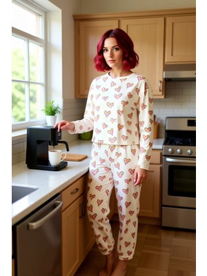 FRM Kadın Kalpli Pijama Takımı Bisiklet Yaka Uzun Kollu Fonksiyonel Dayanıklı Kaliteli Estetik