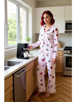 FRM Kadın Uzun Kollu Polar Pijama Takımı Penguen Desenli Fonksiyonel Dayanıklı Kaliteli Modern