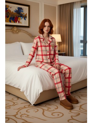 Ersefa Kadin Polar Pijama Takımı Kirmizi Ekose Nakisli Fonksiyonel Dayanıklı Kaliteli Konforlu Şık