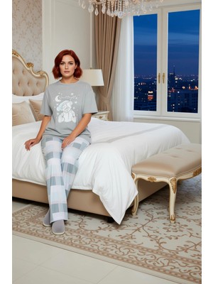 Ersefa Kadın Kareli Pijama Takımı Bisiklet Yaka Baskılı Üst Fonksiyonel Dayanıklı Kaliteli Modern